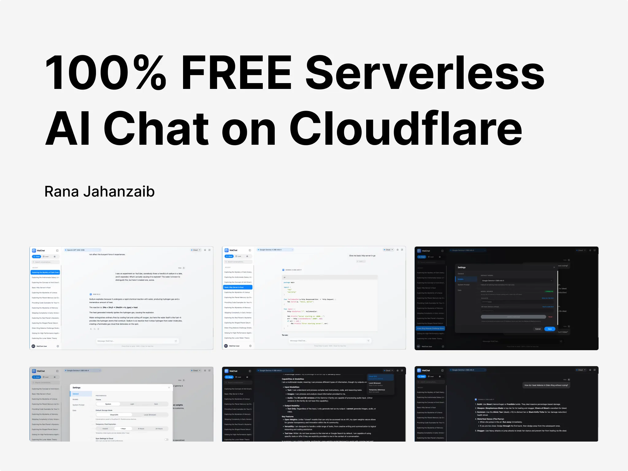 WaiChat conversation, code generation, model settings and storage mode screens in light and dark themes